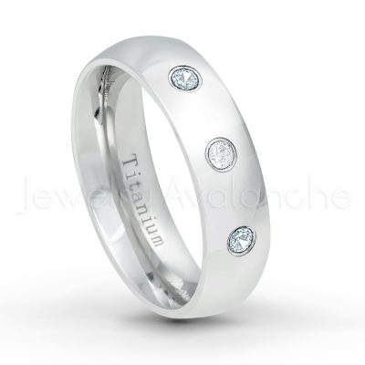 0.21ctw Aquamarine & Diamond 3-Stone Ring - March Birthstone Ring - 6mm Polished Finish Comfort Fit Dome White Titanium Wedding Ring TM536-AQM