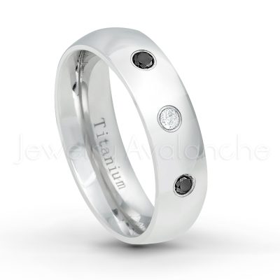 0.21ctw Diamond 3-Stone Ring - April Birthstone Ring - 6mm Polished Finish Comfort Fit Dome White Titanium Wedding Ring TM536-WD
