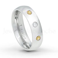 0.21ctw Diamond & Citrine 3-Stone Ring - November Birthstone Ring - 6mm Polished Finish Comfort Fit Dome White Titanium Wedding Ring TM536-CN