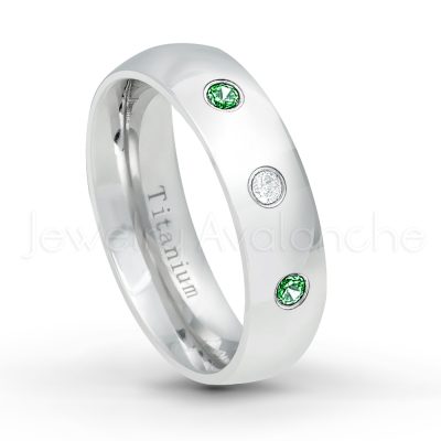 0.21ctw Emerald & Diamond 3-Stone Ring - May Birthstone Ring - 6mm Polished Finish Comfort Fit Dome White Titanium Wedding Ring TM536-ED