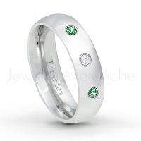 0.21ctw Diamond & Emerald 3-Stone Ring - May Birthstone Ring - 6mm Polished Finish Comfort Fit Dome White Titanium Wedding Ring TM536-ED