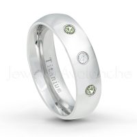 0.21ctw Diamond & Peridot 3-Stone Ring - August Birthstone Ring - 6mm Polished Finish Comfort Fit Dome White Titanium Wedding Ring TM536-PD