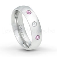 0.21ctw Diamond & Pink Tourmaline 3-Stone Ring - October Birthstone Ring - 6mm Polished Finish Comfort Fit Dome White Titanium Wedding Ring TM536-PTM
