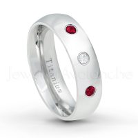 0.21ctw Diamond & Ruby 3-Stone Ring - July Birthstone Ring - 6mm Polished Finish Comfort Fit Dome White Titanium Wedding Ring TM536-RB