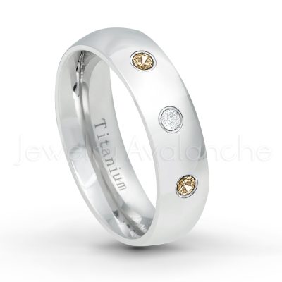 0.21ctw Smokey Quartz 3-Stone Ring - November Birthstone Ring - 6mm Polished Finish Comfort Fit Dome White Titanium Wedding Ring TM536-SMQ