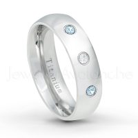 0.21ctw Diamond & Topaz 3-Stone Ring - November Birthstone Ring - 6mm Polished Finish Comfort Fit Dome White Titanium Wedding Ring TM536-TP