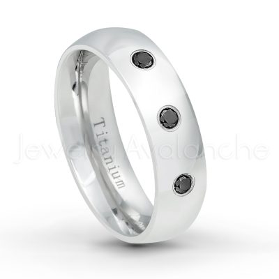 0.07ctw Black Diamond Solitaire Ring - April Birthstone Ring - 6mm Polished Finish Comfort Fit Dome White Titanium Wedding Ring TM536-BD