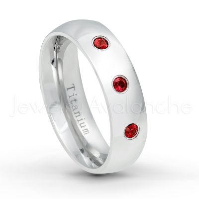 0.21ctw Garnet & Diamond 3-Stone Ring - January Birthstone Ring - 6mm Polished Finish Comfort Fit Dome White Titanium Wedding Ring TM536-GR