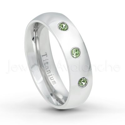 0.21ctw Diamond & Green Tourmaline 3-Stone Ring - October Birthstone Ring - 6mm Polished Finish Comfort Fit Dome White Titanium Wedding Ring TM536-GTM