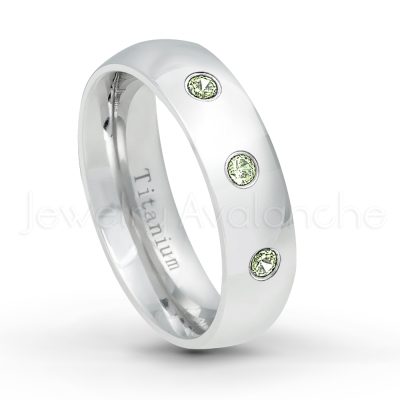 0.21ctw Peridot 3-Stone Ring - August Birthstone Ring - 6mm Polished Finish Comfort Fit Dome White Titanium Wedding Ring TM536-PD