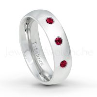 0.21ctw Ruby 3-Stone Ring - July Birthstone Ring - 6mm Polished Finish Comfort Fit Dome White Titanium Wedding Ring TM536-RB