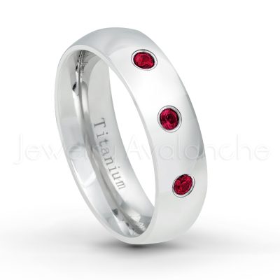 0.21ctw Ruby & Diamond 3-Stone Ring - July Birthstone Ring - 6mm Polished Finish Comfort Fit Dome White Titanium Wedding Ring TM536-RB