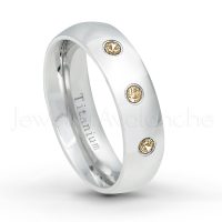 0.21ctw Smokey Quartz 3-Stone Ring - November Birthstone Ring - 6mm Polished Finish Comfort Fit Dome White Titanium Wedding Ring TM536-SMQ