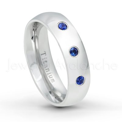 0.21ctw Diamond & Blue Sapphire 3-Stone Ring - September Birthstone Ring - 6mm Polished Finish Comfort Fit Dome White Titanium Wedding Ring TM536-SP
