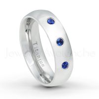0.21ctw Blue Sapphire 3-Stone Ring - September Birthstone Ring - 6mm Polished Finish Comfort Fit Dome White Titanium Wedding Ring TM536-SP