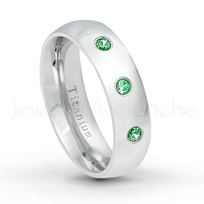 0.21ctw Tsavorite & Diamond 3-Stone Ring - January Birthstone Ring - 6mm Polished Finish Comfort Fit Dome White Titanium Wedding Ring TM536-TVR