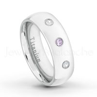 0.21ctw Amethyst & Diamond 3-Stone Ring - February Birthstone Ring - 7mm Polished Finish Comfort Fit Dome White Titanium Wedding Ring TM537-AMT