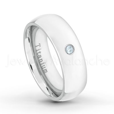 0.21ctw Aquamarine & Diamond 3-Stone Ring - March Birthstone Ring - 7mm Polished Finish Comfort Fit Dome White Titanium Wedding Ring TM537-AQM
