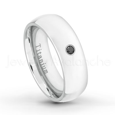 0.21ctw Black Diamond 3-Stone Ring - April Birthstone Ring - 7mm Polished Finish Comfort Fit Dome White Titanium Wedding Ring TM537-BD