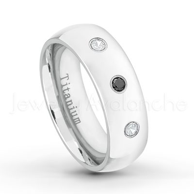 0.21ctw White & Black Diamond 3-Stone Ring - April Birthstone Ring - 7mm Polished Finish Comfort Fit Dome White Titanium Wedding Ring TM537-WD