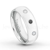 0.21ctw Black & White Diamond 3-Stone Ring - April Birthstone Ring - 7mm Polished Finish Comfort Fit Dome White Titanium Wedding Ring TM537-WD