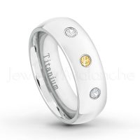0.21ctw Citrine & Diamond 3-Stone Ring - November Birthstone Ring - 7mm Polished Finish Comfort Fit Dome White Titanium Wedding Ring TM537-CN