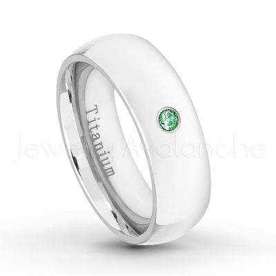 0.21ctw Diamond & Emerald 3-Stone Ring - May Birthstone Ring - 7mm Polished Finish Comfort Fit Dome White Titanium Wedding Ring TM537-ED