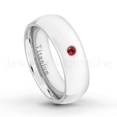 0.21ctw Garnet & Diamond 3-Stone Ring - January Birthstone Ring - 7mm Polished Finish Comfort Fit Dome White Titanium Wedding Ring TM537-GR