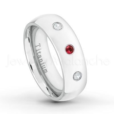 0.21ctw Garnet 3-Stone Ring - January Birthstone Ring - 7mm Polished Finish Comfort Fit Dome White Titanium Wedding Ring TM537-GR