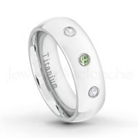 0.21ctw Green Tourmaline & Diamond 3-Stone Ring - October Birthstone Ring - 7mm Polished Finish Comfort Fit Dome White Titanium Wedding Ring TM537-GTM