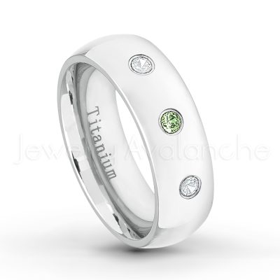 0.21ctw Diamond & Green Tourmaline 3-Stone Ring - October Birthstone Ring - 7mm Polished Finish Comfort Fit Dome White Titanium Wedding Ring TM537-GTM