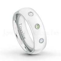 0.21ctw Peridot & Diamond 3-Stone Ring - August Birthstone Ring - 7mm Polished Finish Comfort Fit Dome White Titanium Wedding Ring TM537-PD