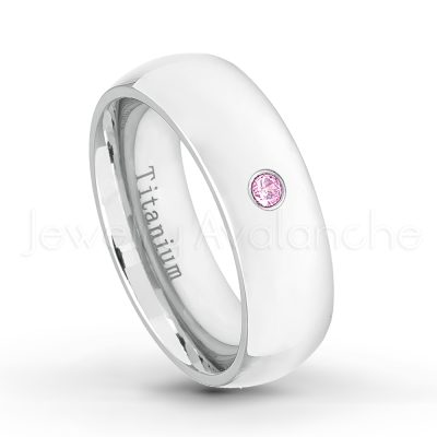 0.21ctw Diamond & Pink Tourmaline 3-Stone Ring - October Birthstone Ring - 7mm Polished Finish Comfort Fit Dome White Titanium Wedding Ring TM537-PTM
