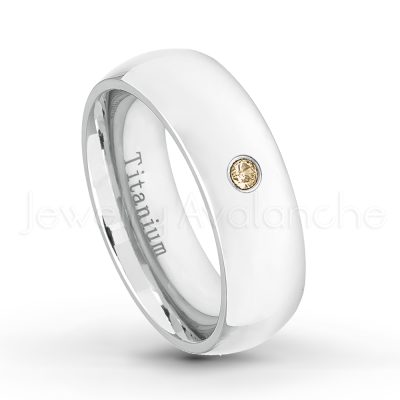 0.07ctw Smokey Quartz Solitaire Ring - November Birthstone Ring - 7mm Polished Finish Comfort Fit Dome White Titanium Wedding Ring TM537-SMQ