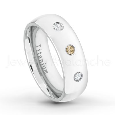 0.21ctw Smokey Quartz 3-Stone Ring - November Birthstone Ring - 7mm Polished Finish Comfort Fit Dome White Titanium Wedding Ring TM537-SMQ