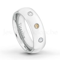 0.21ctw Smokey Quartz & Diamond 3-Stone Ring - November Birthstone Ring - 7mm Polished Finish Comfort Fit Dome White Titanium Wedding Ring TM537-SMQ
