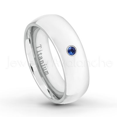 0.21ctw Blue Sapphire & Diamond 3-Stone Ring - September Birthstone Ring - 7mm Polished Finish Comfort Fit Dome White Titanium Wedding Ring TM537-SP