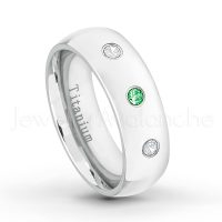 0.21ctw Tsavorite & Diamond 3-Stone Ring - January Birthstone Ring - 7mm Polished Finish Comfort Fit Dome White Titanium Wedding Ring TM537-TVR