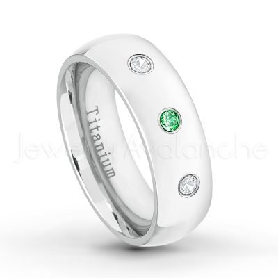 0.21ctw Diamond & Tsavorite 3-Stone Ring - January Birthstone Ring - 7mm Polished Finish Comfort Fit Dome White Titanium Wedding Ring TM537-TVR