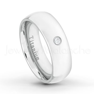 0.21ctw Diamond 3-Stone Ring - April Birthstone Ring - 7mm Polished Finish Comfort Fit Dome White Titanium Wedding Ring TM537-WD