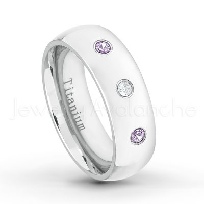 0.21ctw Amethyst & Diamond 3-Stone Ring - February Birthstone Ring - 7mm Polished Finish Comfort Fit Dome White Titanium Wedding Ring TM537-AMT