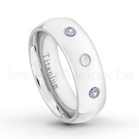 0.21ctw Diamond & Amethyst 3-Stone Ring - February Birthstone Ring - 7mm Polished Finish Comfort Fit Dome White Titanium Wedding Ring TM537-AMT