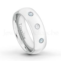 0.21ctw Diamond & Aquamarine 3-Stone Ring - March Birthstone Ring - 7mm Polished Finish Comfort Fit Dome White Titanium Wedding Ring TM537-AQM