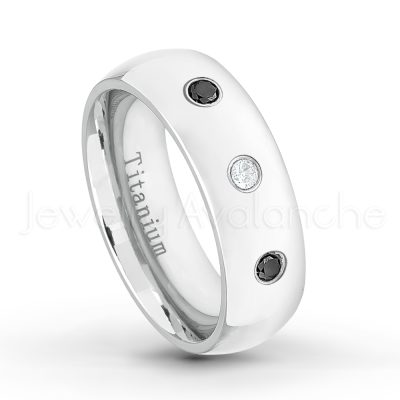 0.21ctw Black & White Diamond 3-Stone Ring - April Birthstone Ring - 7mm Polished Finish Comfort Fit Dome White Titanium Wedding Ring TM537-WD