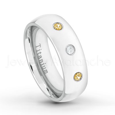 0.21ctw Citrine & Diamond 3-Stone Ring - November Birthstone Ring - 7mm Polished Finish Comfort Fit Dome White Titanium Wedding Ring TM537-CN