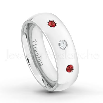 0.21ctw Garnet & Diamond 3-Stone Ring - January Birthstone Ring - 7mm Polished Finish Comfort Fit Dome White Titanium Wedding Ring TM537-GR