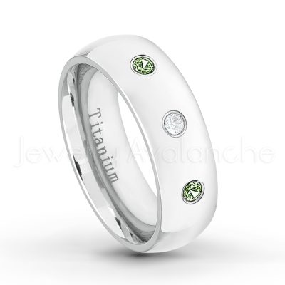 0.21ctw Green Tourmaline & Diamond 3-Stone Ring - October Birthstone Ring - 7mm Polished Finish Comfort Fit Dome White Titanium Wedding Ring TM537-GTM