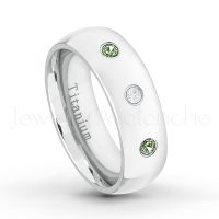 0.21ctw Diamond & Green Tourmaline 3-Stone Ring - October Birthstone Ring - 7mm Polished Finish Comfort Fit Dome White Titanium Wedding Ring TM537-GTM