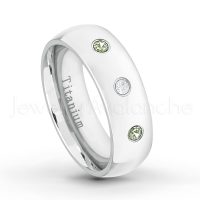0.21ctw Diamond & Peridot 3-Stone Ring - August Birthstone Ring - 7mm Polished Finish Comfort Fit Dome White Titanium Wedding Ring TM537-PD