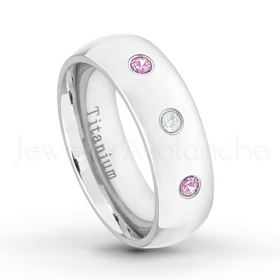 0.21ctw Pink Tourmaline & Diamond 3-Stone Ring - October Birthstone Ring - 7mm Polished Finish Comfort Fit Dome White Titanium Wedding Ring TM537-PTM